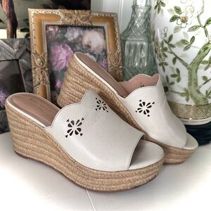 Kate Spade Tenley espadrille wedge sandals bone white leather laser-cut floral